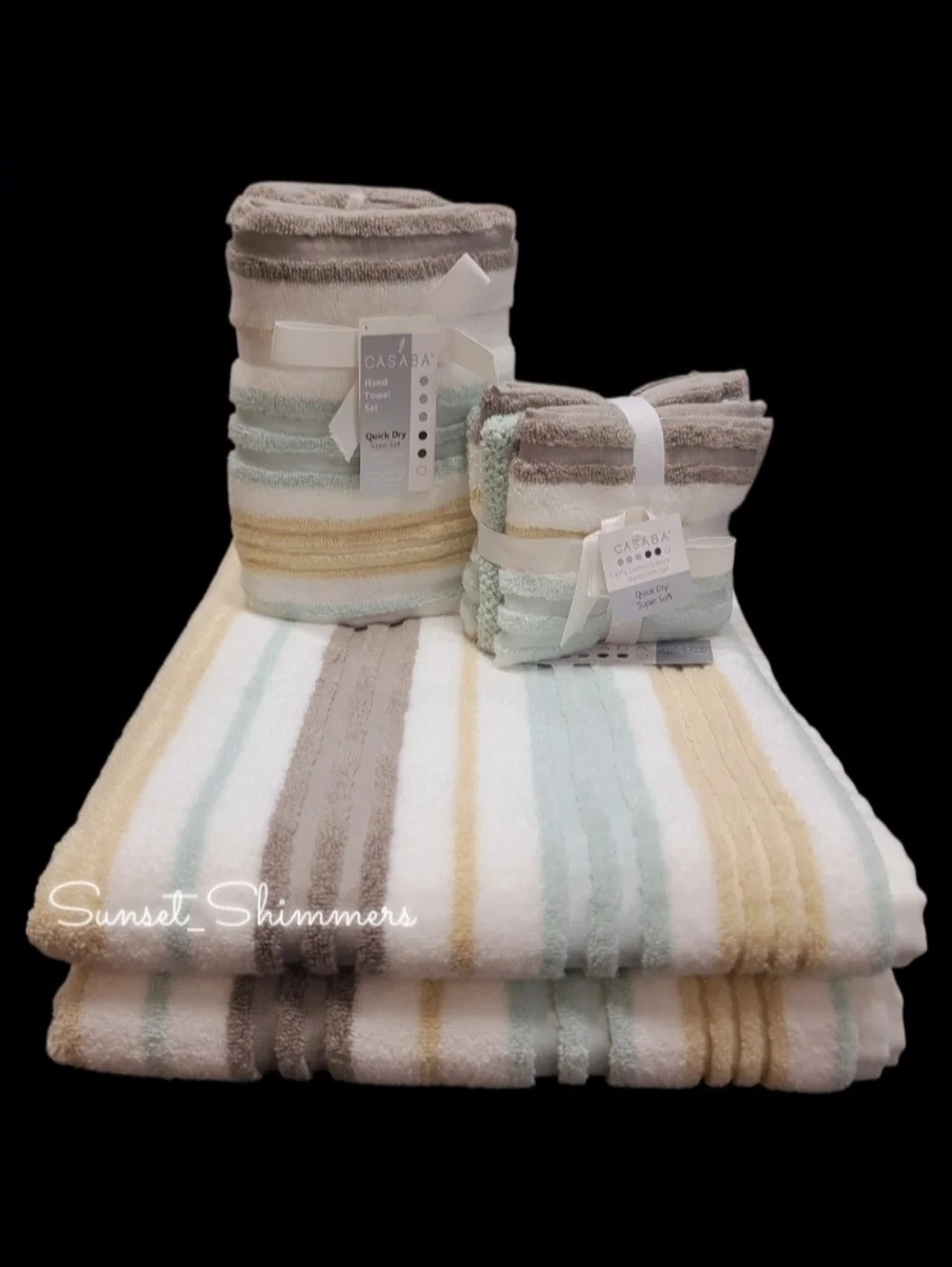 8pc Casaba Sage Tan Gray Striped Bath Hand Washcloth Quick Dry Towel Set New